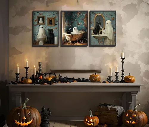 Miniatura 3 de NBYARTQ Pósteres de Fantasmas de Halloween Arte de Pared Juego de 3 Impresiones de Terror Espeluznante Academia Oscura Fantasma y Gato Negro