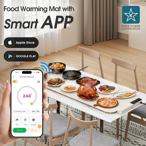 Miniatura 2 de Vabaso Tapete de calentamiento de alimentos extra grande con aplicación, ajuste de temperatura y temporizador de 37 x 15 pulgadas, se calienta en 5