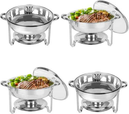 IMACONE Juego de Bandejas Calentadoras de Buffet 4 Piezas, 5QT Redondas de Acero Inoxidable con Tapa de Vidrio para Catering, Conjuntos de
