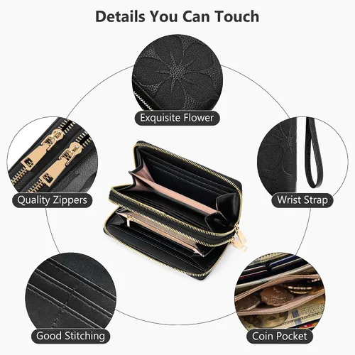 Miniatura 6 de Espera Cartera de mujer con bloqueo RFID de gran capacidad, tarjetero con doble cremallera, de cuero, con cartera para mujer con correa