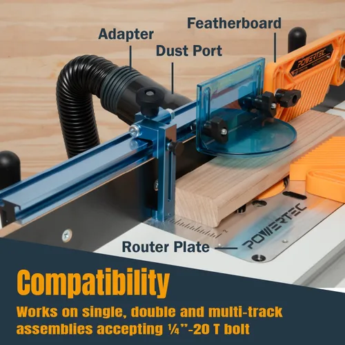 Miniatura 8 de POWERTEC Tope abatible ajustable de 1 a 3-1/2 pulgadas, tope de pista en T de base curva pendiente de patente para sierra ingletadora, sierra
