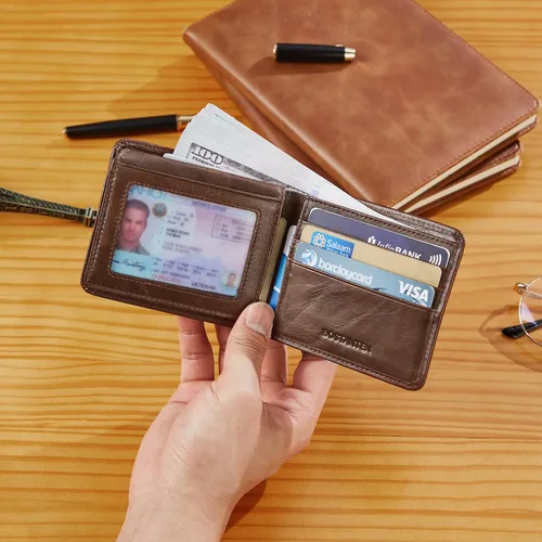 Miniatura 6 de BOSTANTEN Billeteras de piel auténtica para hombre, con bloqueo RFID y 2 ventanas de identificación