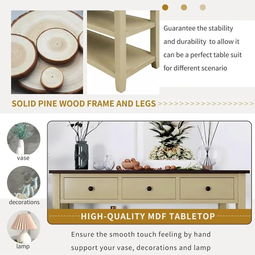 Miniatura 4 de Knocbel Rustic Entryway Console Table with 3 Storage Drawers and Open Shelves, Entry Hallway Foyer Behind Sofa Couch Long Table, Easy Assembly (Tan)