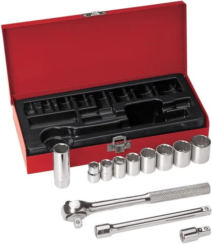 Klein Tools 65504 Juego de llaves de vaso de 3/8 pulgadas, con enchufes de 12 puntos y 6 puntos, y bujías, 2 extensiones, trinquete, estuche, 12