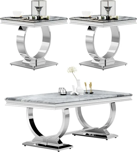 Miniatura 15 de ACEDÉCOR Moderno juego de mesa de centro de 4 piezas, dorado, mesa de mármol sintético, incluye mesa auxiliar, 2 mesas auxiliares, mesa consola, Oro