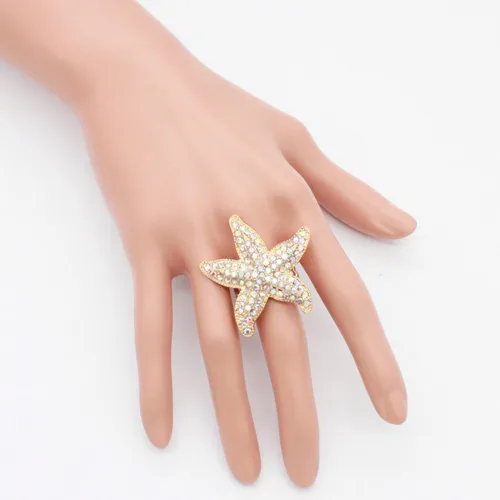 Miniatura 3 de Lavencious Anillo elástico con diseño de estrella de mar para mujer, talla 7-9, Diamantes de, Diamantes de imitación