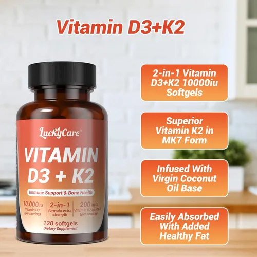 Miniatura 6 de Vitamina D3 K2 10000 UI Plus K2 (MK-7) 200 mcg, 240 cápsulas blandas de aceite de coco Complejo VIT D & K 2 en 1 Apoya la absorción de calcio
