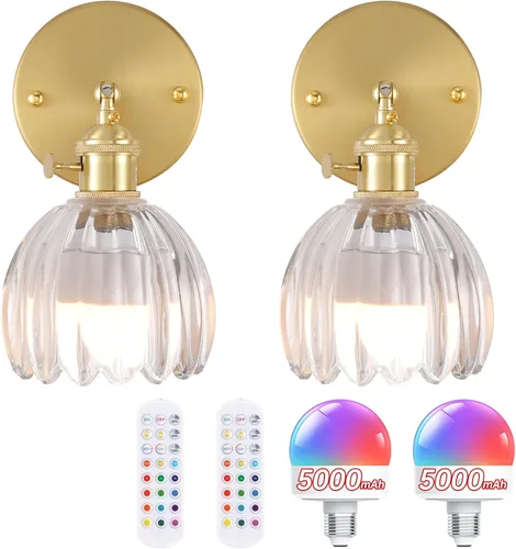 Miniatura 11 de Shenmoyl Candelabro de Pared Operado por Batería con Soporte de Cadena Ajustable, Patrón de Tulipán Verde, Vidrio con Diseño Retro en Oro, Lámpara