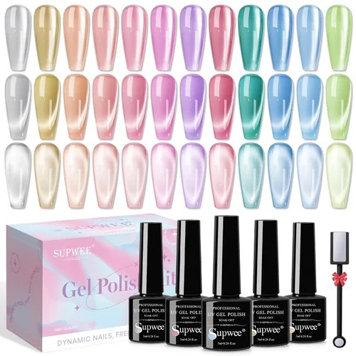 Miniatura 12 de Esmalte de uñas de gel reflectante de ojo de gato, brillante holográfico magnético, gel 9D, juego de esmaltes de gel de ojo de gato, 12