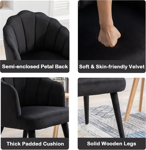 Miniatura 3 de Juego de 2 sillas de comedor de terciopelo modernas con respaldo de pétalos y patas de madera, cómodas sillas laterales tapizadas para comedor, Negro