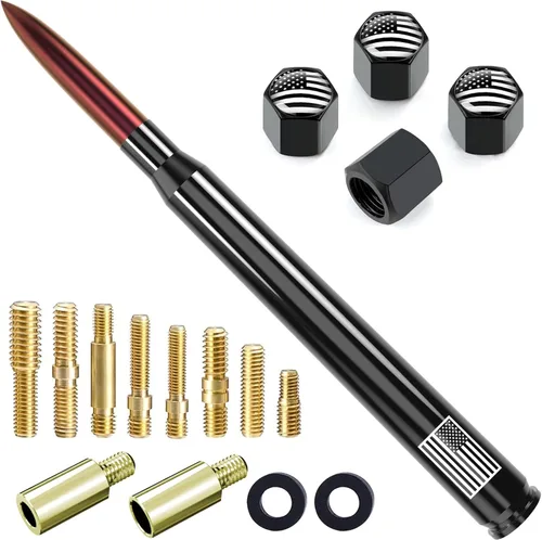 Miniatura 25 de Antena de camión para automóvil con tapas de válvula de neumáticos, bandera estadounidense, repuesto corto universal para GMC Sierra, Chevy, Negro