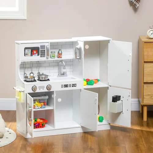 Miniatura 9 de Qaba Juego de Cocina de Juguete para Niños - Cocina de Simulación con Teléfono, Pizarra, Perchero de Toallas, Máquina de Hielo, 5 Accesorios