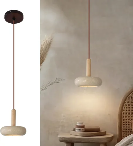 Lámpara colgante de estilo japonés Wabi-sabi con pantalla redonda de piedra natural, lámpara de madera nórdica, lámpara de noche para dormitorio, 12