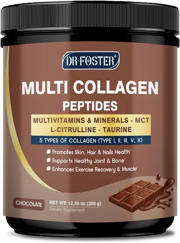 DRFOSTER - Péptidos de colágeno de chocolate en polvo para mujeres y hombres, colágeno multitipo I II III V X con multivitaminas y minerales para