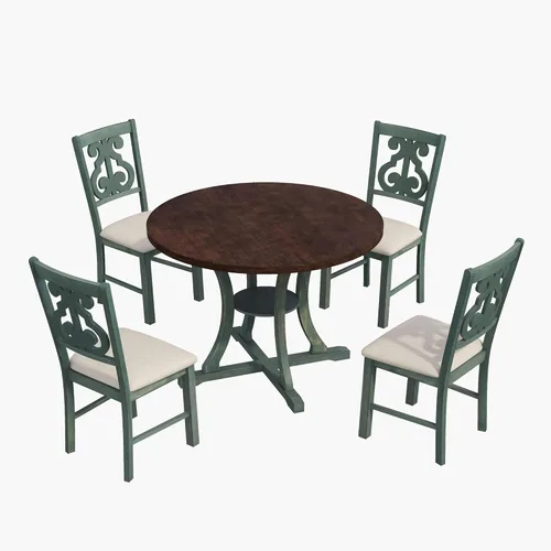 Miniatura 3 de LUMISOL Juego de mesa de cocina redonda y sillas para ahorrar espacio, juego de mesa de comedor redonda retro para 4, azul antiguo y marrón oscuro