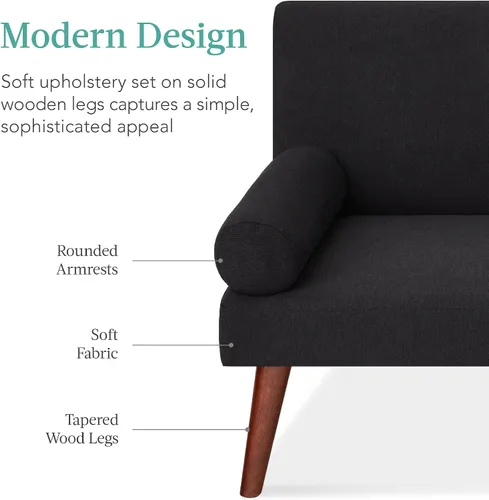 Miniatura 4 de Best Choice Products Mid-Century - Futón tapizado moderno, sofá cama plegable convertible, sofá pequeño con reposabrazos redondeados, 2 portavasos