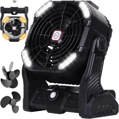 RUNTOP Ventilador de 20000 mAh, funciona con pilas, ventilador de campamento de 2 aspas, ventiladores de escritorio recargables por USB con luz LED
