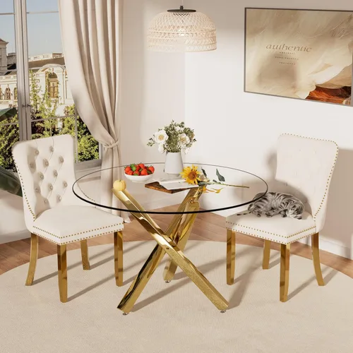 Miniatura 27 de Juego de mesa de comedor redonda de cristal moderno de mediados de siglo para 4, juego de vajilla circular de lujo plateado de 5 piezas, juego