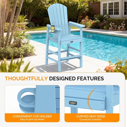 Miniatura 4 de VINGLI Silla Adirondack alta, silla Adirondack de plástico para todo tipo de clima con portavasos, taburetes de bar resistentes para exteriores, Azul