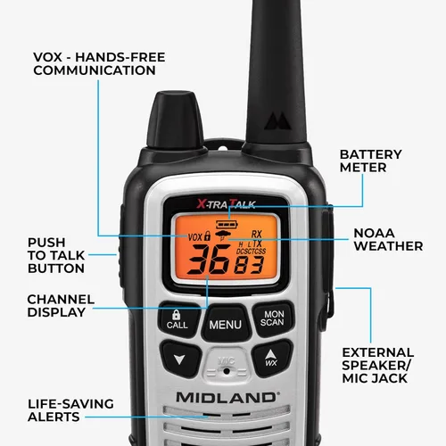 Miniatura 3 de Midland LXT600VP4 FRS Walkie Talkies para Negocios – Radios de Dos Vías de Largo Alcance de 36 Canales con Auriculares y Base de Carga, Alertas