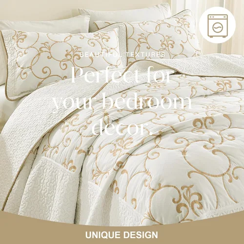Miniatura 4 de Juego de cubrecama extra grande de 100% algodón de tamaño king, 120"x120", con fundas de almohada, juego de ropa de cama bordada ligera de 3 piezas