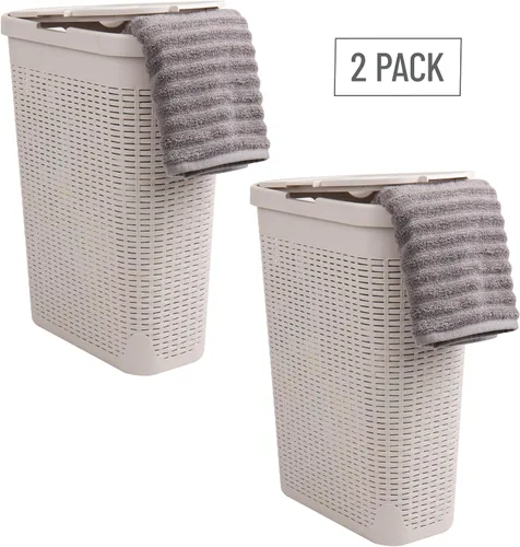 Miniatura 7 de Mind Reader Cesta de lavandería delgada con tapa, cesta de ropa de 40 L, diseño de mimbre premium, plástico, azul bebé