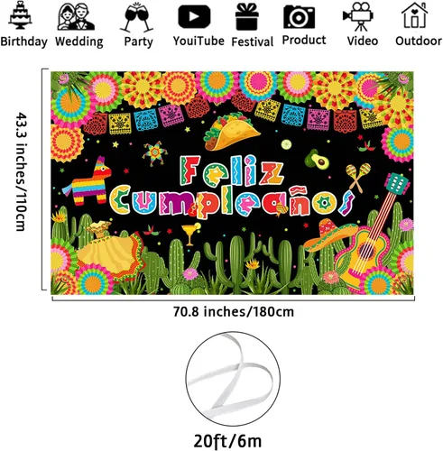 Miniatura 3 de Avezano Feliz Cumpleaños Fondo de Fiesta Mexicana Fiesta Fotografía Fondo Fiesta Cactus México Cinco De Mayo Carnaval Banner 70.8 x 43.3 pulgadas