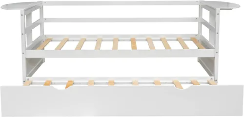 Miniatura 7 de Quarte Sofá cama multifuncional de tamaño individual con nido y estantes plegables en ambos lados, sofá cama con marco de madera y listones