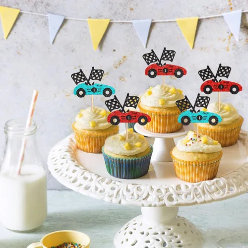 Miniatura 7 de 24 piezas de adornos para cupcakes de coche de carreras, trofeo brillante, bandera de carreras, decoraciones de pastel con temática de carreras
