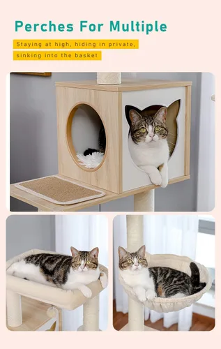 Miniatura 4 de PETEPELA Árbol para gatos de 56.7 pulgadas con caja de arena, torre grande de madera para gatos de interior con armario de almacenamiento y acogedor