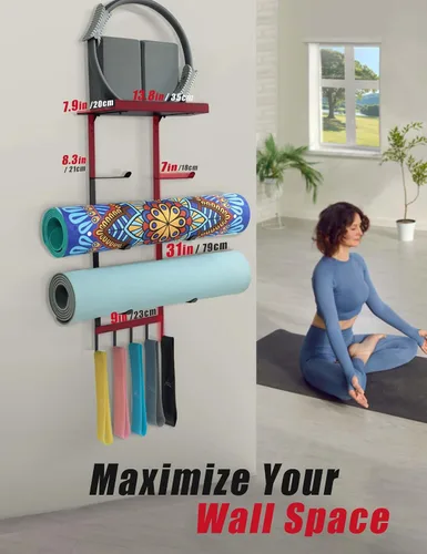 Miniatura 3 de Soporte de pared para esterilla de yoga, estante de almacenamiento de gimnasio en casa con estante flotante superior, 4 niveles para tapete de yoga