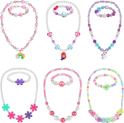 Sumind 6 juegos de joyas para niñas pequeñas, collar y pulsera de cuentas para bebés, regalos de joyería de disfraces, regalos de fiesta de princesa
