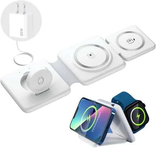 Estación de carga inalámbrica 3 en 1, plegable, magnética, de 15 W, múltiples dispositivos, cargador rápido para iPhone 16/15/14/13/12, AirPods