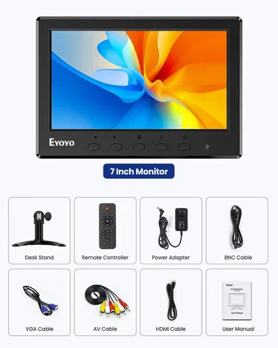 Miniatura 8 de Eyoyo Monitor Mini 7 Pulgadas Pequeno Monitor HDMI 1024x600 Pantalla LCD HDMI AV VGA BNC USB Entrada para NVR Cámara de Seguridad CCTV Cámara