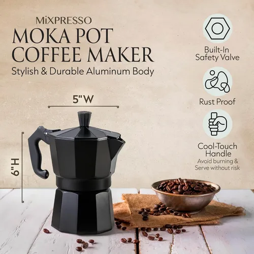 Miniatura 3 de Mixpresso Cafetera Moka Cubana Negra de 3 Tazas, Cafetera Moka para Gas, Estufa Eléctrica, Cafetera Italiana Clásica, Cafetera Espresso para Estufa