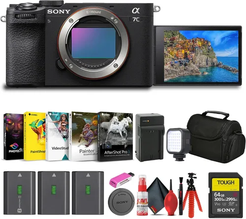 Sony Cámara Alpha 7C II sin espejo con lente intercambiable de marco completo (ILCE-7CM2/B) + tarjeta resistente SF-G de 64 GB + bolsa + 2 baterías