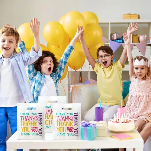Miniatura 6 de Bolsas de plástico con texto en inglés "Thank You", 9 x 12 pulgadas, coloridas bolsas de regalo pequeñas con mango troquelado, paquete de 100 bolsas