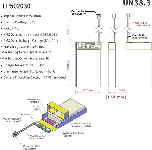 Miniatura 2 de EEMB Batería de polímero de litio 3.7 V 250 mAh 502030 Lipo Batería recargable con conector JST de cable para VXI Blue Parrott - Confirma
