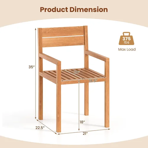 Miniatura 3 de HAPPYGRILL Silla de comedor de madera de teca, sillón de muebles de madera para exteriores con asiento y respaldo de listones, para patio trasero