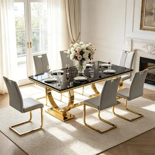 Miniatura 19 de Juego de mesa de comedor de mármol para 4, mesa de cocina rectangular de mármol blanco de 70 pulgadas con base en O de acero inoxidable dorado