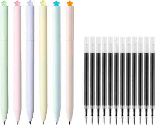 Miniatura 10 de Kaco FIRST Bolígrafos de gel lindos de papelería, tinta negra, 0.7 mm de punta media, bonitos bolígrafos con estrellas para diarios