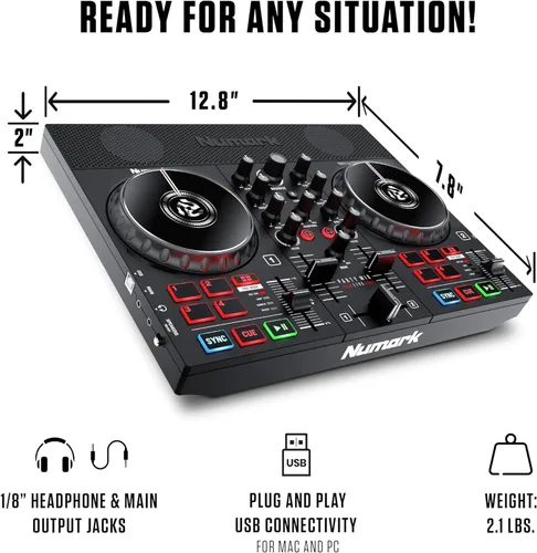 Miniatura 7 de Paquete de controlador de DJ – Set de DJ con altavoces integrados, luces de fiesta, mezclador de DJ, interfaz de audio y auriculares para DJ