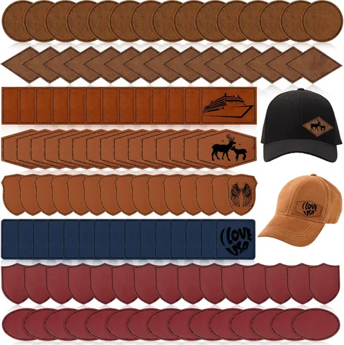 Miniatura 10 de Giegxin 120 Piezas Parches de Cuero Sintético Rústico para Sombreros con 8 Tipos de Formas de Grabado Láser en Blanco, Parche Adhesivo para Tela