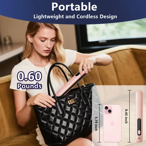 Miniatura 6 de Alisador y rizador de pelo inalámbrico 2 en 1, incluye bolsa de transporte, mini alisador de pelo de viaje con pantalla LCD, carga USB-C, 4 modos