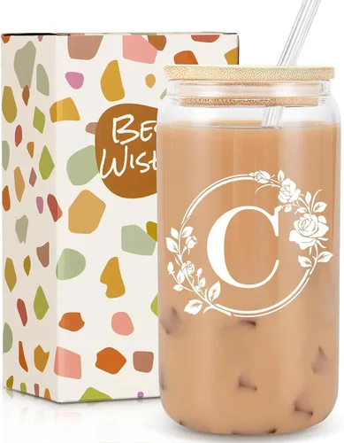 Miniatura 14 de Regalos de cumpleaños para mujeres, taza de vidrio personalizada con monograma de iniciales para mujeres, tazas de vidrio de 16oz con tapas