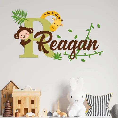 Calcomanías de pared personalizadas de mono y jirafa para bebé niña o niño, nombre personalizado e inicial para decoración de pared de guardería,