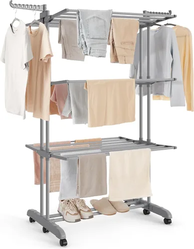 Miniatura 11 de SONGMICS Soporte de secado de ropa de 4 niveles, estante de secado de ropa plegable de 68.1 pulgadas de alto, acero inoxidable, estante de secado