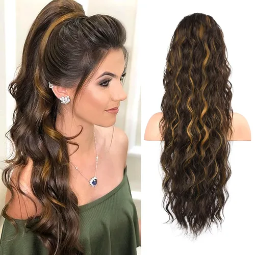 Miniatura 23 de FLUFYMOOZ Extensión de Cola de Caballo, Extensiones de Cabello de Cola de Caballo con Cordón de 26 Pulgadas para Mujeres, Postizo de Cabello
