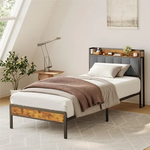 Miniatura 8 de Gizoon Cama de plataforma de metal individual, marco de cama con cabecera de madera tapizada, sin ruido, no necesita somier, con almacenamiento