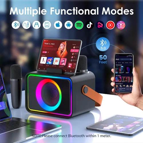 Miniatura 5 de Máquina de karaoke, altavoz Bluetooth portátil con 2 micrófonos inalámbricos para adultos y niños con luces LED, micrófono de karaoke, compatible